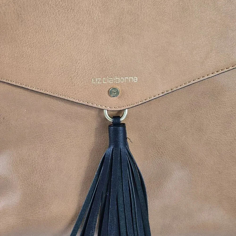 Liz Claiborne Zipper Shoulder Hobo Bag Purse Tan with Black Tassel and Handle